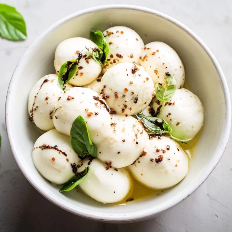 Mozzarella pearls glistening in a bowl, perfect for a vegetarian appetizer with fresh basil.