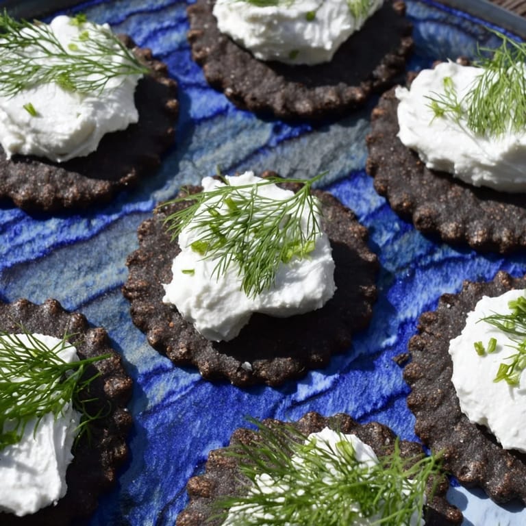 A photo showcases The Stormy Sea appetizer; grey crackers with goat cheese whitecaps, ready to eat.