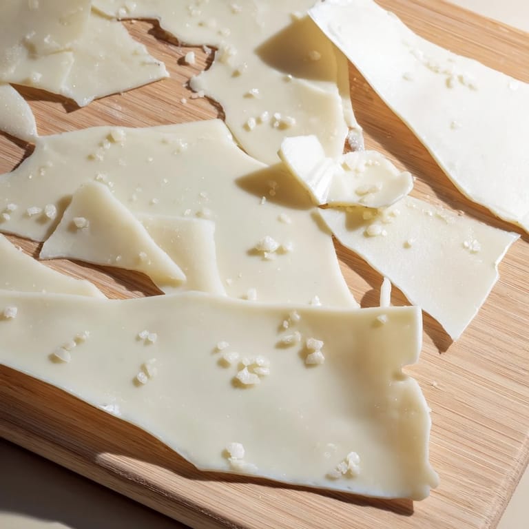 Artful arrangement of The Arctic Tundra dessert: white chocolate sheets and parmesan shards, sea salt sprinkling.