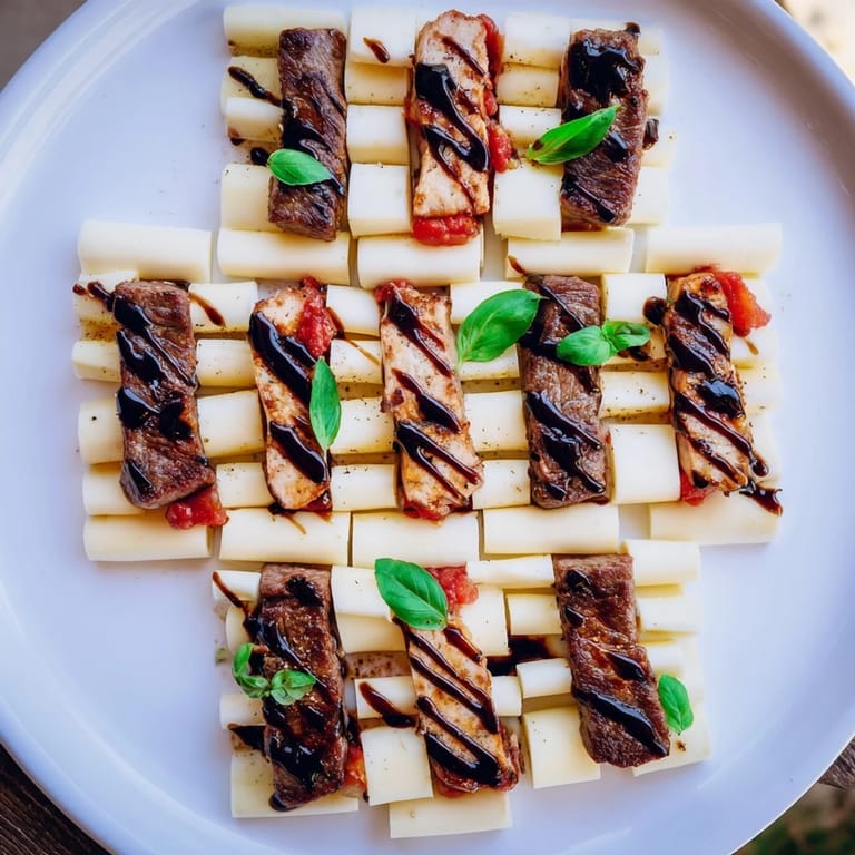 Delicious Safari Stripes: a party platter arrangement focusing on the savory meats and cheese with fresh basil.