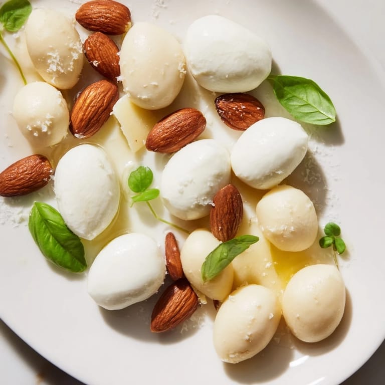 A close-up shot of "The Polished Pebble," a whimsical appetizer with varied cheeses and roasted almonds.