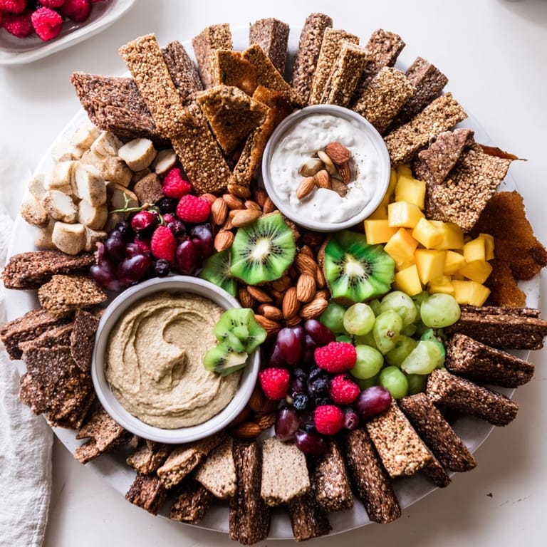 Enjoy this refreshing Hidden Oasis appetizer, a visual delight of crackers, fruit, and dips.