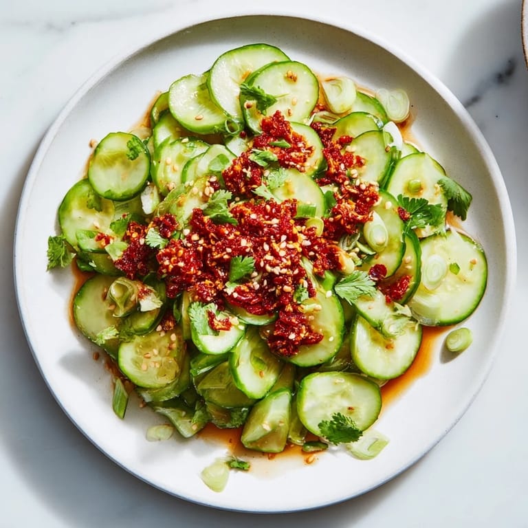 Spicy chili crisp tops the fresh Cucumber Shaker Salad, ready for a satisfying, cool bite.