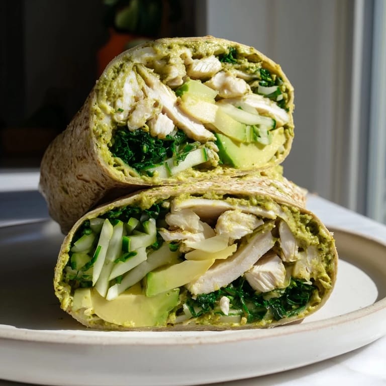 Delicious Green Goddess Wellness Wrap with sliced chicken and fresh avocado, perfect for lunch.