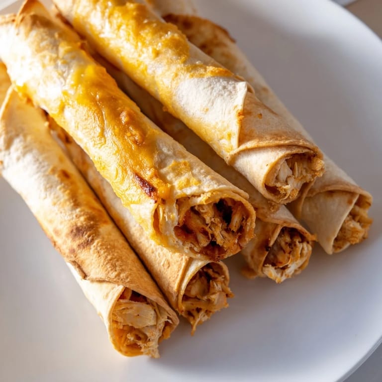 Air fryer taquitos: a close-up shows rolled tortillas filled with chicken, beautifully golden brown.