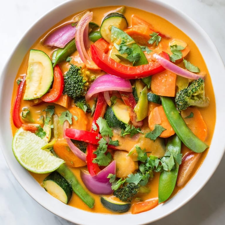 Close-up shot shows a comforting plate of Coconut Curry Vegetables with fresh cilantro garnish.