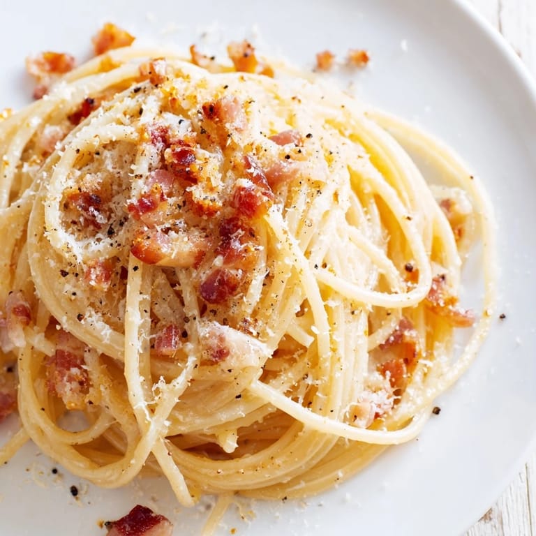 Silky express spaghetti carbonara, ready in minutes: a close-up shows the creamy sauce and bits of bacon.