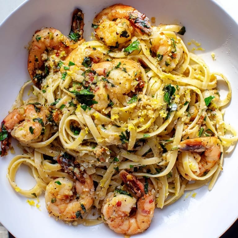 Die fertige Lemon Herb Pasta mit Shrimp-Gericht: ein Blick auf das leckere italienische Abendessen.