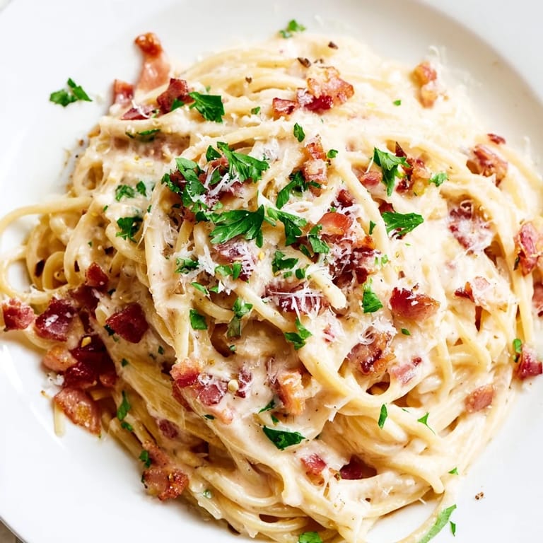 A delicious creamy garlic bacon pasta, showcasing the rich sauce and perfectly cooked spaghetti.