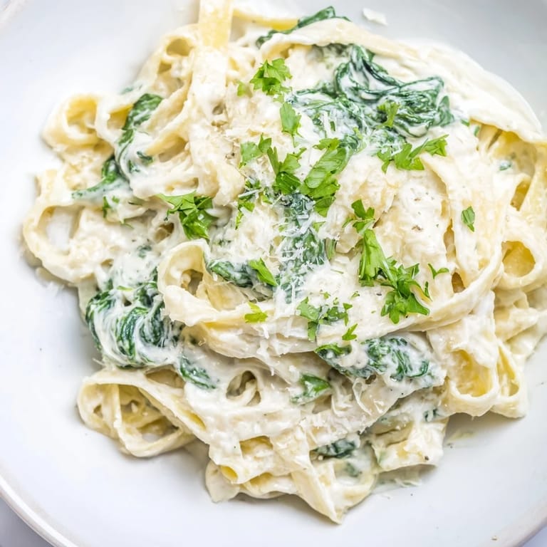 Steaming hot Creamy Spinach Fettuccine Alfredo, a comfort food classic with fresh spinach and Parmesan garnish.