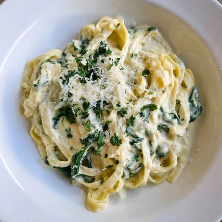 A close-up view of creamy, green Creamy Spinach Fettuccine Alfredo, perfect for a cozy Italian dinner.