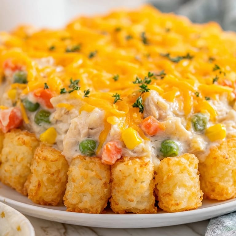 A bubbly, golden Crispy Tater Tot Casserole, perfect for a cozy family dinner, with visible vegetables.