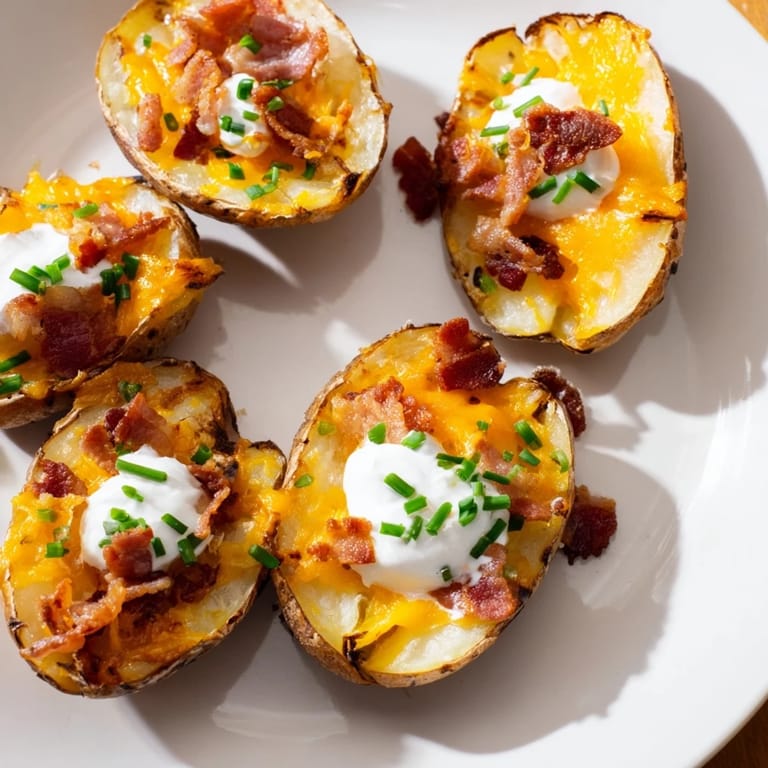 Warme, rauchende geladene Baked Potato Skins mit geschmolzenem Käse, einer Kugel saurer Sahne und frischen Schnittlauch.