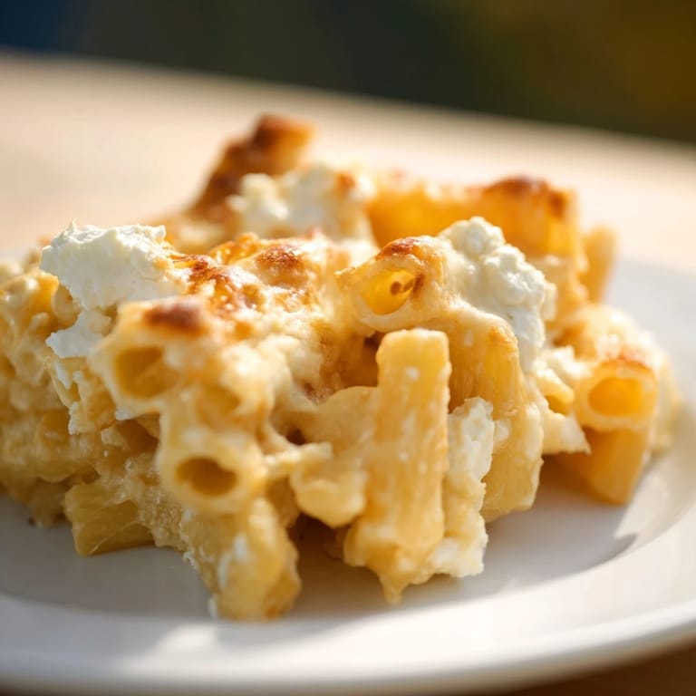 A close-up of a bubbling Four Cheese Baked Pasta, ready to serve with fresh basil garnish.