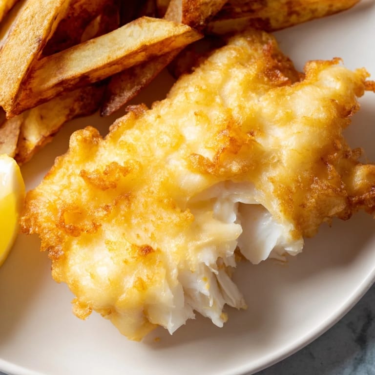 Battered cod alongside golden chips, a comforting British fish and chips meal with malt vinegar.