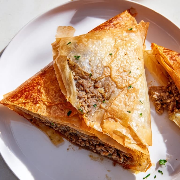 Crispy golden Tunisian Brik pastry, with a runny egg center, ready to eat and enjoy.