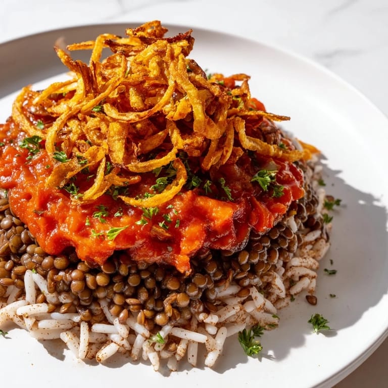 Golden fried onions top off this flavorful Koshari, a delicious vegan Egyptian dish.