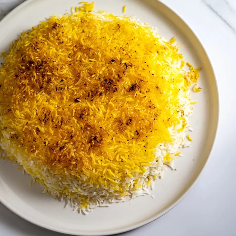 This vegetarian Persian tahdig rice features a flavorful yogurt-rice tahdig base and steamed rice.