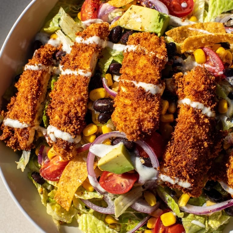 Eine bunte Schüssel mit Crispy Chicken Taco Salad: krosses Hähnchen auf Blattsalat mit Bohnen, Mais und Avocado, verfeinert mit Salsa-Ranch.