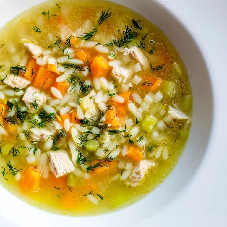 Frisch zubereitete Chicken Lemon Orzo Soup in einer Pastellfarbe Schüssel, mit cremiger Brühe, zitroniger Zeste und einem Hauch von Dill garniert.