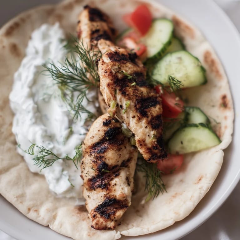 A colorful Greek Chicken Wrap packed with charred chicken strips, crisp cucumber, and ripe tomato slices.  