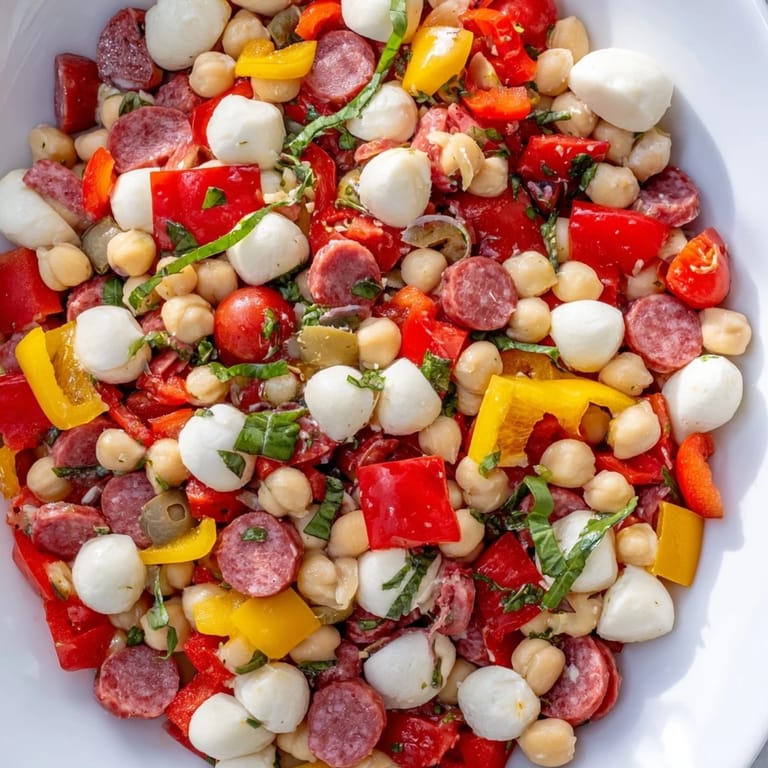 Bunte Schüssel des Crunchy Antipasto Chopped Salads, serviert mit frischen Kräutern und italienischem Brot.