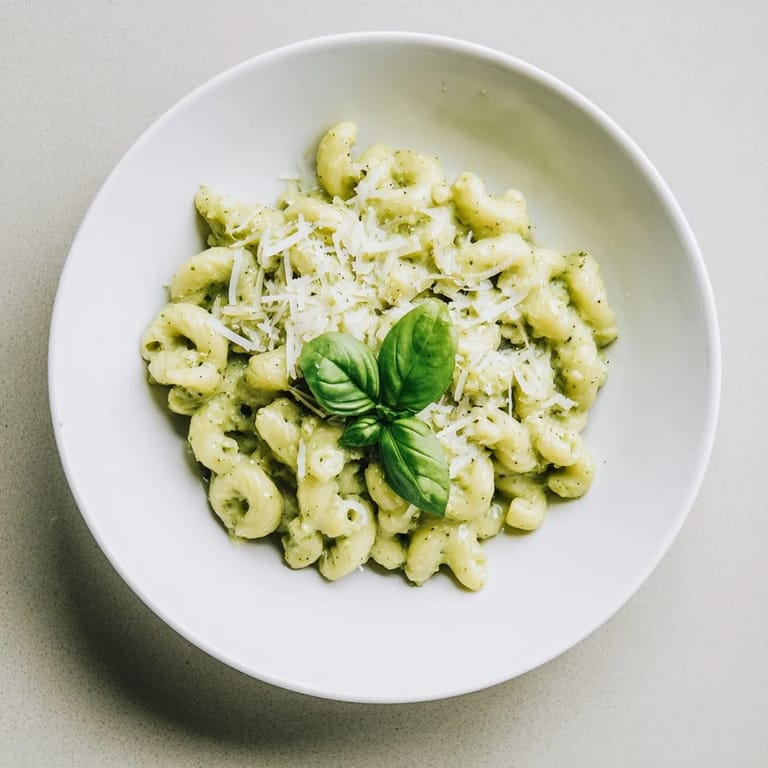 Frish cremig genudelte Avocado Pesto Mac im Nahaufnahme mit glänzender grüner Sauce und Knoblauchtextur.