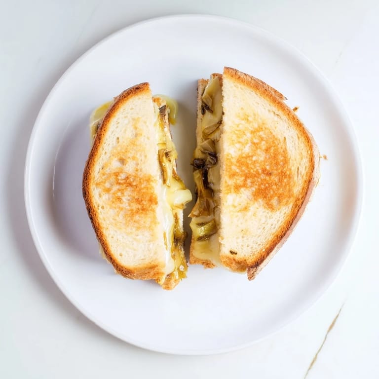 Köstliches Havarti & Caramelized Leek Grilled Cheese zwischen knusprigen Scheiben, sichtbar zuckersüße karamellisierte Lauchstreifen und cremiger geschmolzener Havarti-Käse.