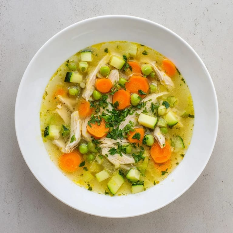 Köstliche Frühlingsgarten-Hühnersuppe mit bunten Möhren, Erbsen und Zucchini, serviert mit knusprigem Brot für ein wohliges Comfort-Food-Erlebnis.