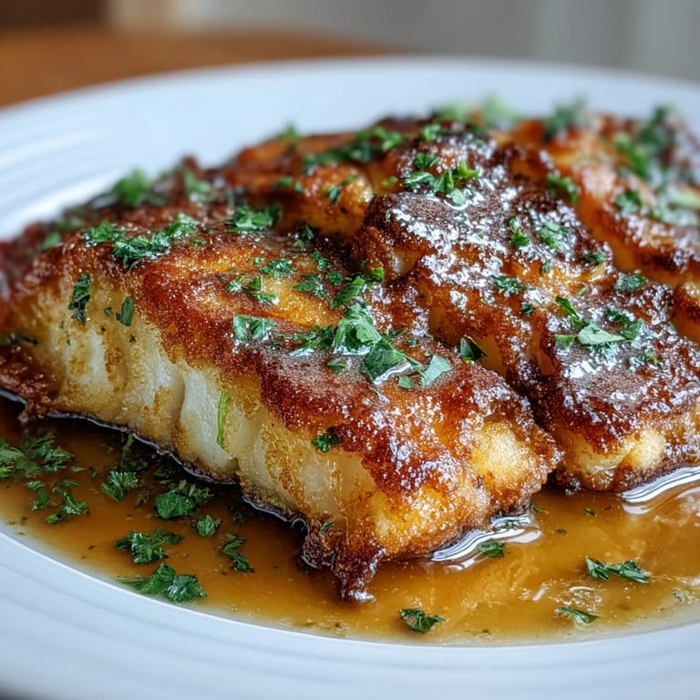 Leichtes Flounder Meunière Hauptgericht: zarte Fischfilets in Bratbutter gebraten, serviert mit Zitronenscheiben und gehackter Petersilie.