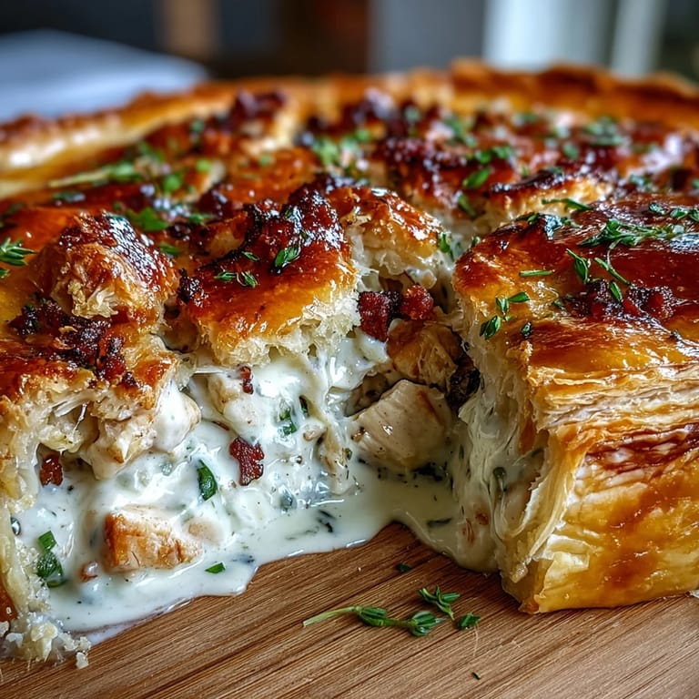 Rustic Chicken and Leek Pie in a ceramic dish, golden crust brushed with egg wash and herbs.
