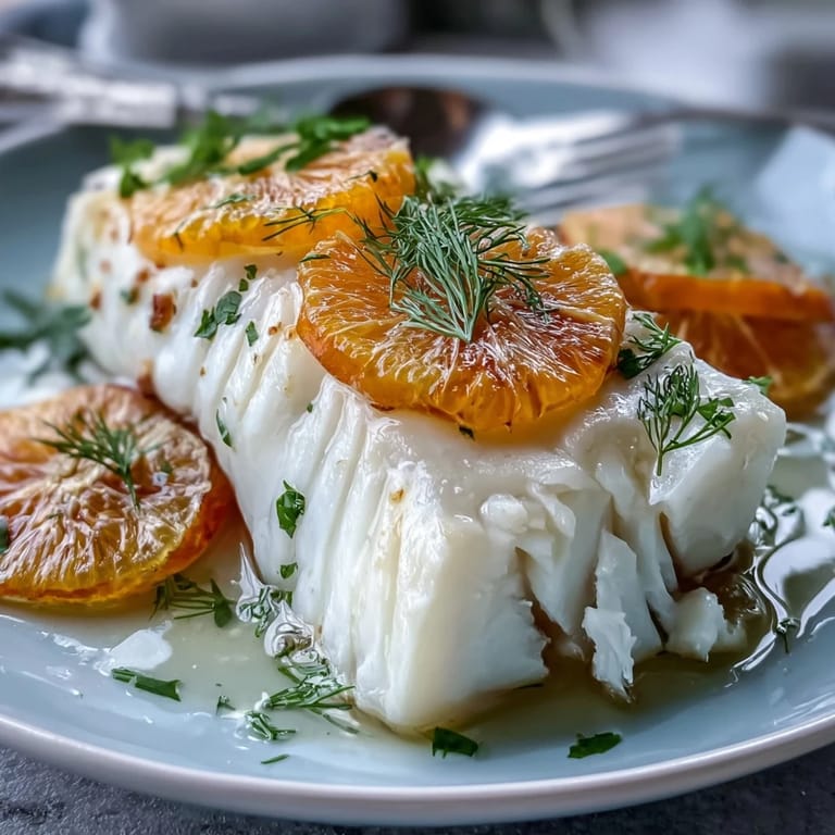 Verführerisches pochiertes Kabeljaugericht mit mediterranem Fenchel-Orangen-Aroma.