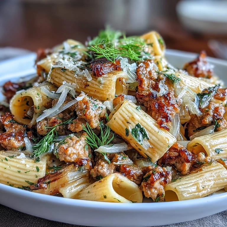 Gedünstete Winter Pasta mit Wurst und Fenchel, dekoriert mit frischen Kräutern und Parmesanspänen für eine herzhafte Präsentation.