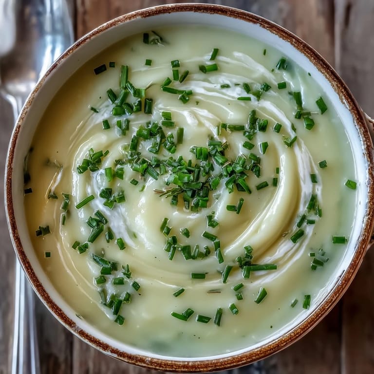 Homemade Potato Leek Soup, püriert bis cremig und garniert mit Petersilie sowie Olivenöl-Tropfen.