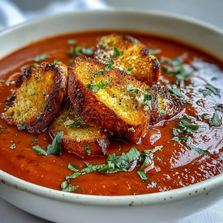 Mediterrane Geröstete Paprikasuppe mit Croutons, serviert in einer weißen Schüssel und Kräutergarnitur zum Genießen.