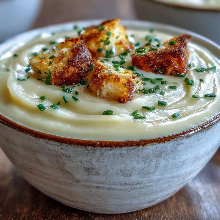 Velvety Cream of Potato Soup served with crusty bread and melted cheese on the side.