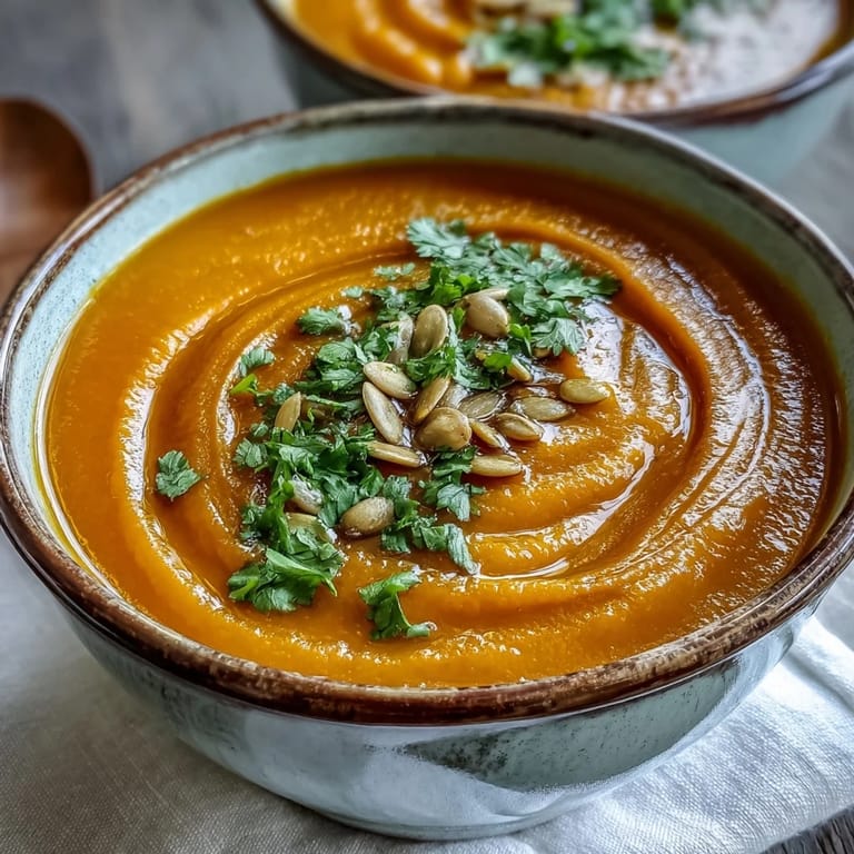 Ofenfrische Carrot Ginger Soup mit gerösteten Kürbiskernen und knusprigem Brot für den US-Herbst.