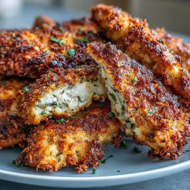 Saftige Air Fryer Chicken Strips mit Salat und Süßkartoffel-Fries auf einem Teller.
