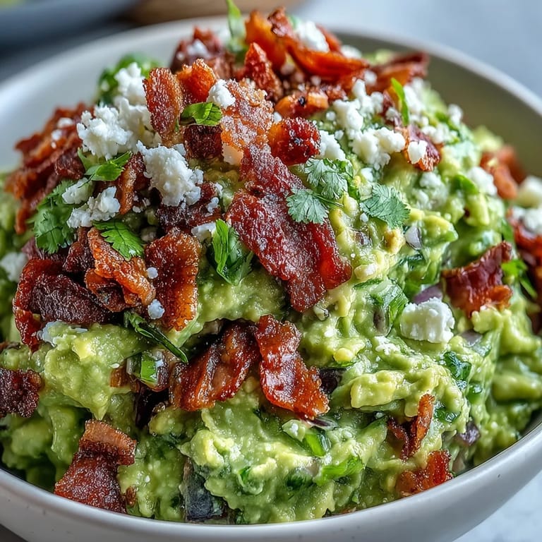 Fresh Bacon Guacamole With Cotija Cheese topped with jalapeños and lime wedges for a zesty bite.