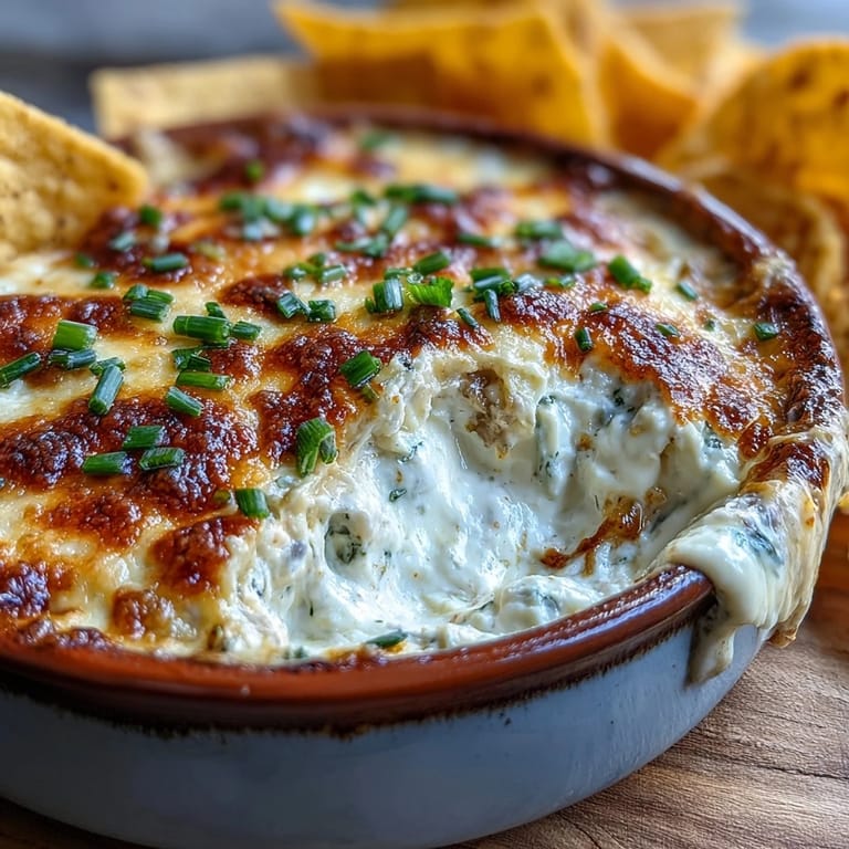 Creamy Smoked Gouda & Onion Dip beside crisp veggies, baked until bubbly and golden.