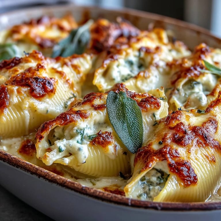 Pumpkin & Gouda Stuffed Shells with Brown Butter & Sage Alfredo Sauce bubbling in a ceramic dish, garnished with fresh sage and black pepper.