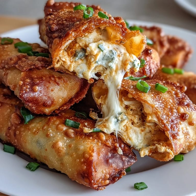 Golden-baked Buffalo Chicken Dip Egg Rolls with melted cheddar and green onions on a rustic platter, perfect for game day snacking.