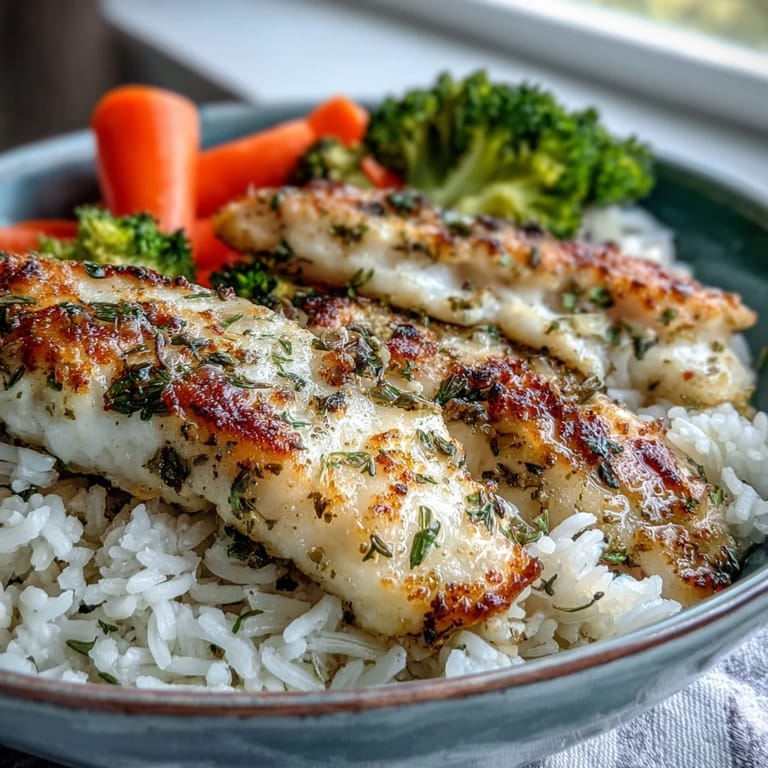 A wholesome baked tilapia bowl with tender rice, bright green broccoli, and orange carrots.