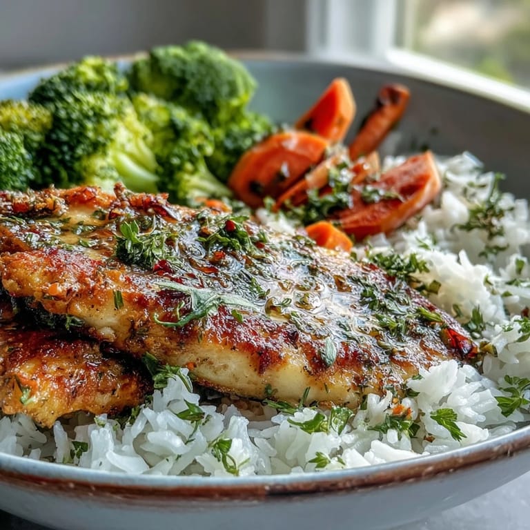 Serving suggestion for a gluten-free baked tilapia bowl, garnished with lemon and herbs.