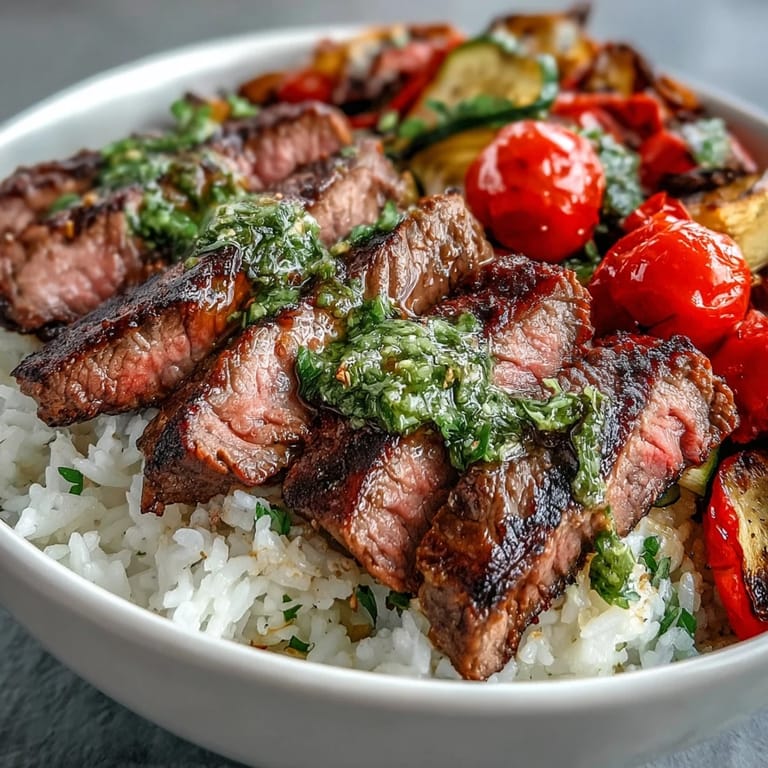 Savory Grilled Steak Bowl featuring juicy steak, rice, and roasted vegetables drizzled with chimichurri sauce.