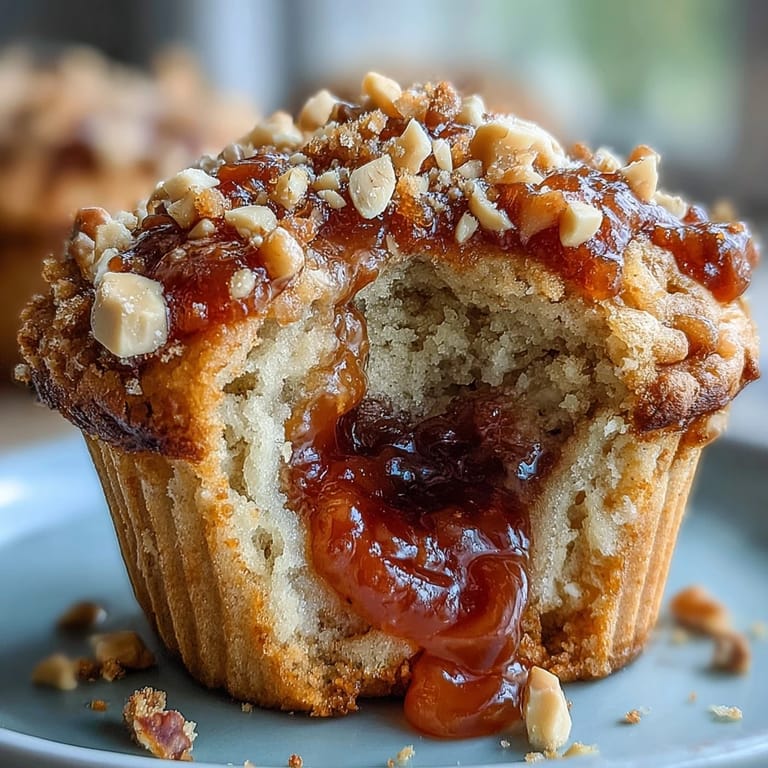 Goldbraune Peanut Butter and Guava Muffins, leicht geöffnet, um die rosafarbene Guava-Füllung und weiche Erdnusscreme zu zeigen.