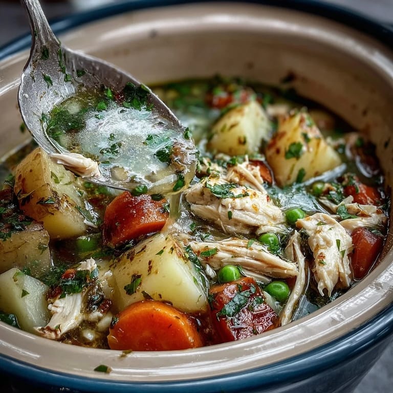 Sinnliche, cremige Slow Cooker Hühnerpastete-Suppe mit goldgelben Kartoffeln und knackigem Gemüse.