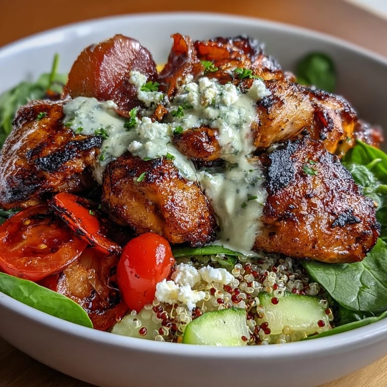 Lebendige Bowl mit gegrilltem Hähnchen, knackigem Gemüse und fruchtigem Zitronen-Dressing.