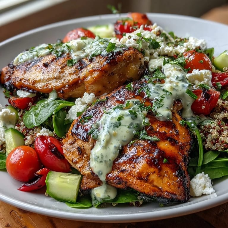 Gesunde Bowl mit zartem gegrilltem Hähnchen, buntem Gemüse und erfrischender Zitronen-Vinaigrette.