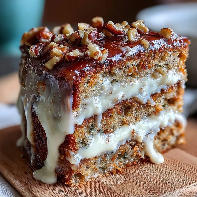 Saftiger Karotten-Walnuss-Kuchen mit Frischkäsefüllung und frischen Karottenstreifen.